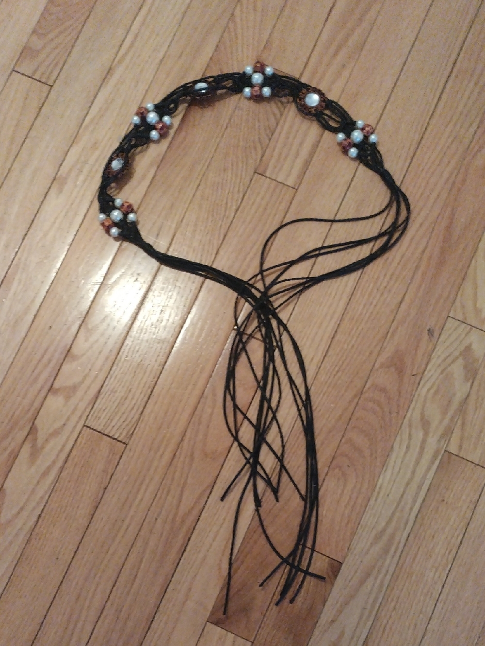 Y2K Black Leather Beaded Fringe Belt with Pearls and Copper Accents